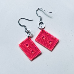 Neon pink cassette tape earrings,‎ sterling plated nwt
